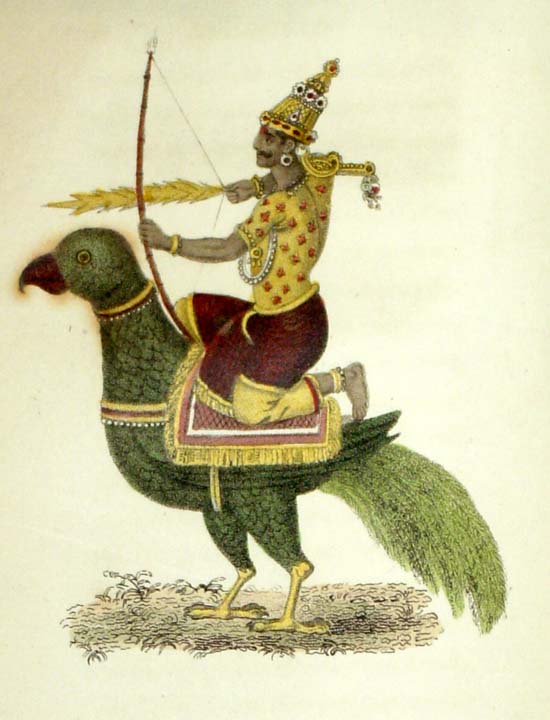 Kama on his parrot, armed with his bow